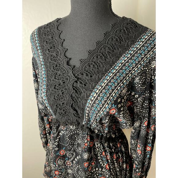 NTW Angie Women's Paisley Lace Hem Boho Floral Elastic Waist Blouse Black L - Picture 4 of 10